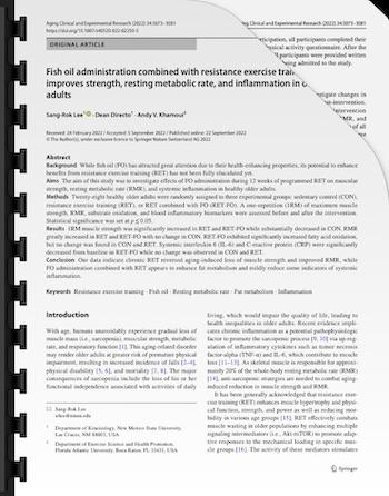 Fish oil administration combined with resistance exercise training improves strength, resting metabolic rate, and inflammation in older adults