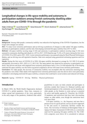 Longitudinal changes in life-space mobility and autonomy in participation outdoors among Finnish community-dwelling older adults from pre-COVID-19 to through the pandemic